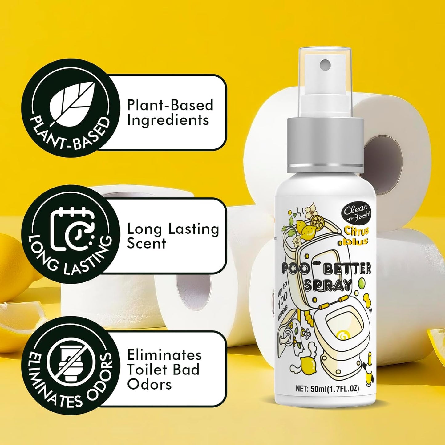 Clean-n-Fresh Toilet Spray, Pack of 3 - Citrus Scent, Bathroom & Toilet Odor Removers, Air Fresheners for Home, Travel Size Toiletries, Total 5.1 Fl Oz