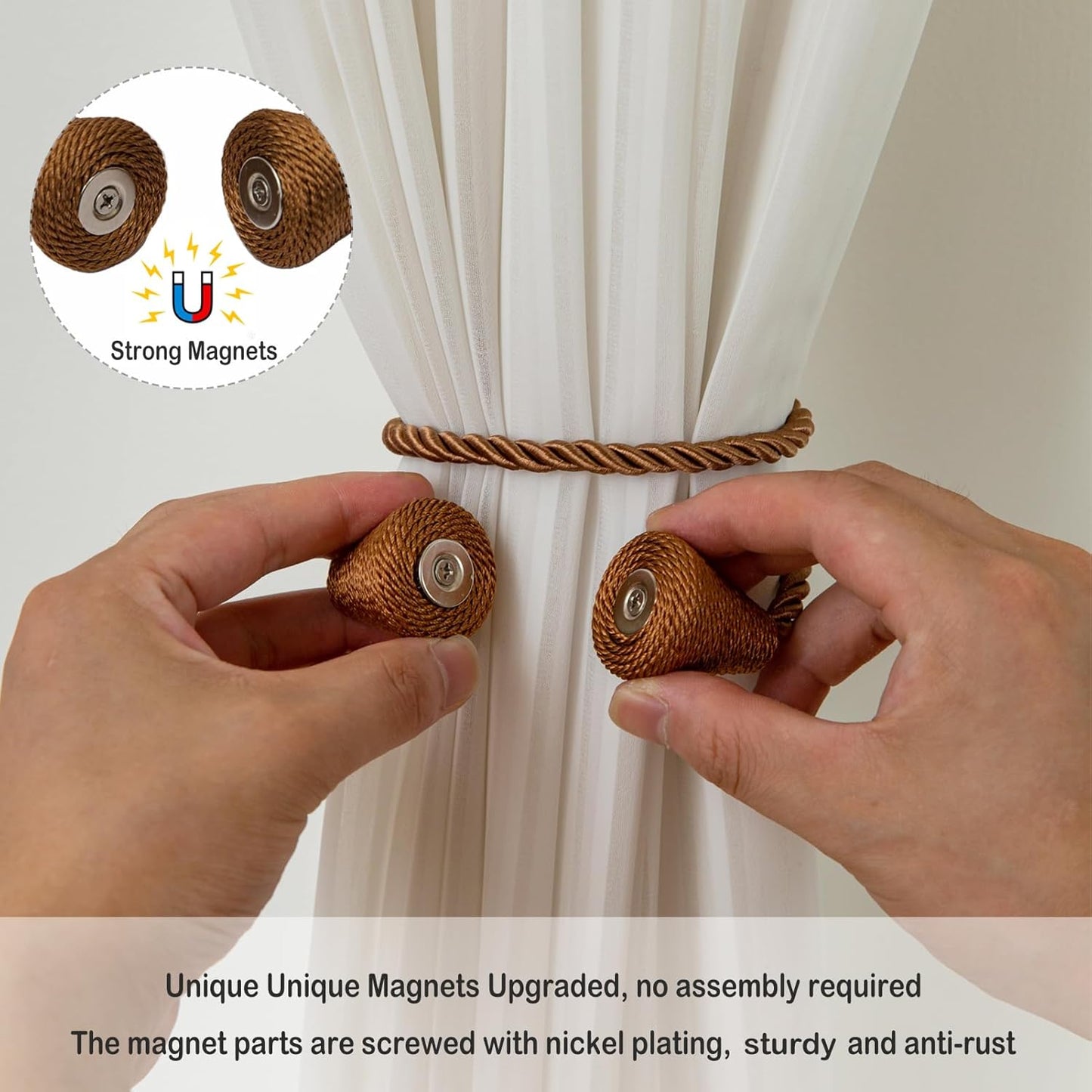 Magnetic Curtain Tiebacks 2 Pack Outdoor Rope Curtain Tie Backs Decorative Window Treatment Holdbacks for Home Decorative Curtain, Khaki