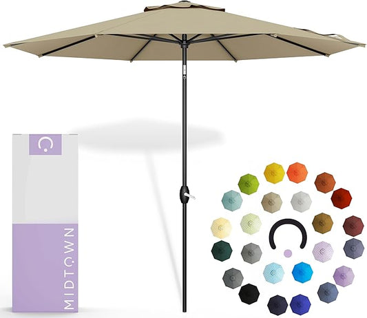 Midtown Umbrellas 10-Year-No-Fade - 8 Ft - UV Proof Beige Polyester Fabric - Umbrella Outdoor Patio, Auto-Tilt Aluminum Frame Patio Umbrella for Garden, Pool & Deck - Black Pole