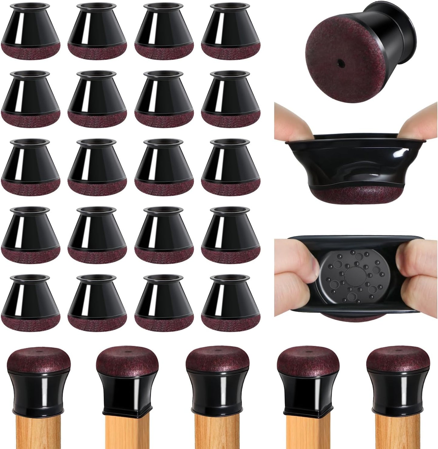 20 Pcs Chair Leg Floor Protectors for Hardwood Floors, Black Rubber Furniture Sliders with Felt, Silicone Furniture Leg Caps Covers, Fit Round Diameter (0.8" to 1.2")