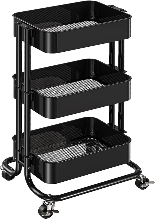 Pipishell 3 Tier Metal Rolling Utility Cart, Heavy-Duty Storage Rolling Cart with 2 Lockable Wheels, Multifunctional Mesh Organization Utility Cart for Kitchen Dining Room Living Room (Black)