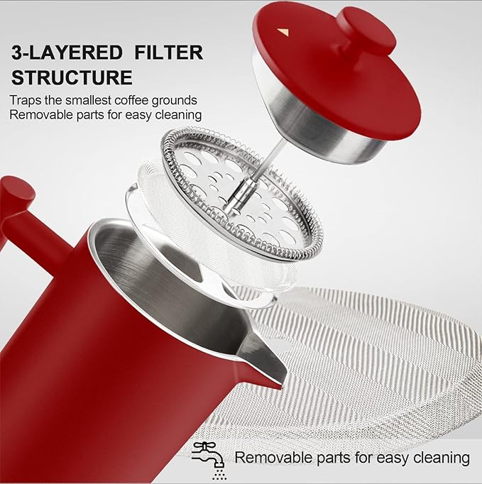 Secura French Press Coffee Maker, Double-Wall 304 Grade Stainless Steel Coffee Press with 2 Extra Screens, 34oz (1L), Red