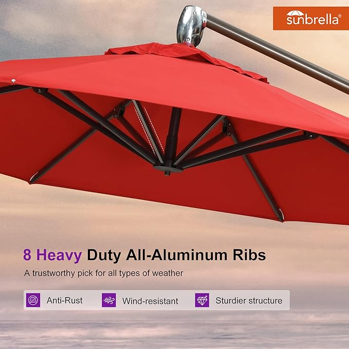 PURPLE LEAF 10FT Cantilever Patio Umbrella with 360-degree Rotation Aluminum Round Outdoor Offset Handing Umbrella for Patio Pool, Red