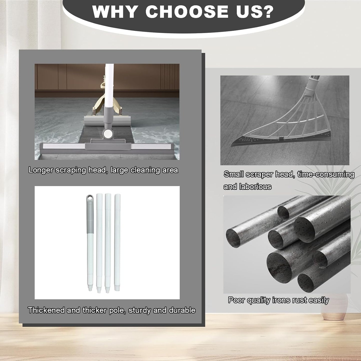 Squeegee Broom for Floor Shower Squeegee with Long Handle Rubber Wiper for Bathroom Tile Shower Glass Car Window Deck Patio Cleaning