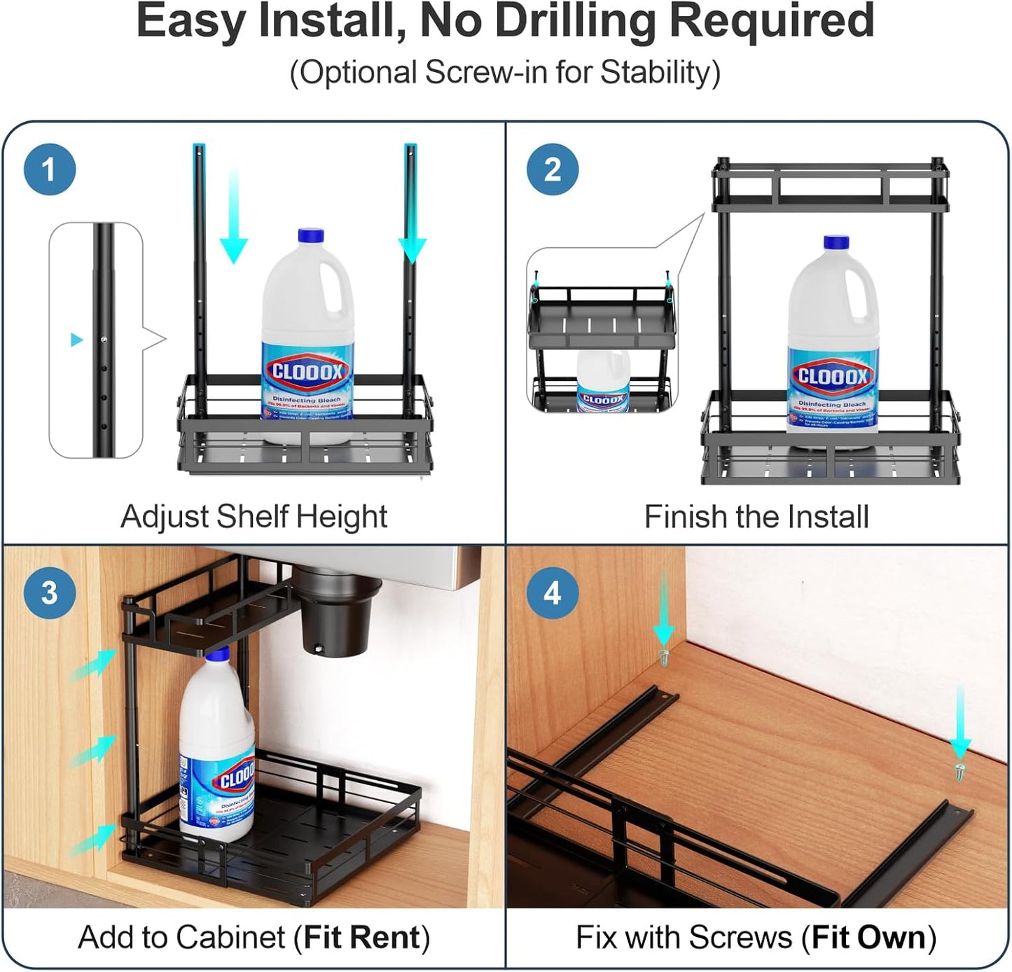 iSPECLE Under Sink Organizer - 2 Pack Under Kitchen Sink Pull Out Organizer Expandable Width Add Storage Space, Adjustable Height Easy Get Items, Under Sink Storage No Drilling Slide Smoothly