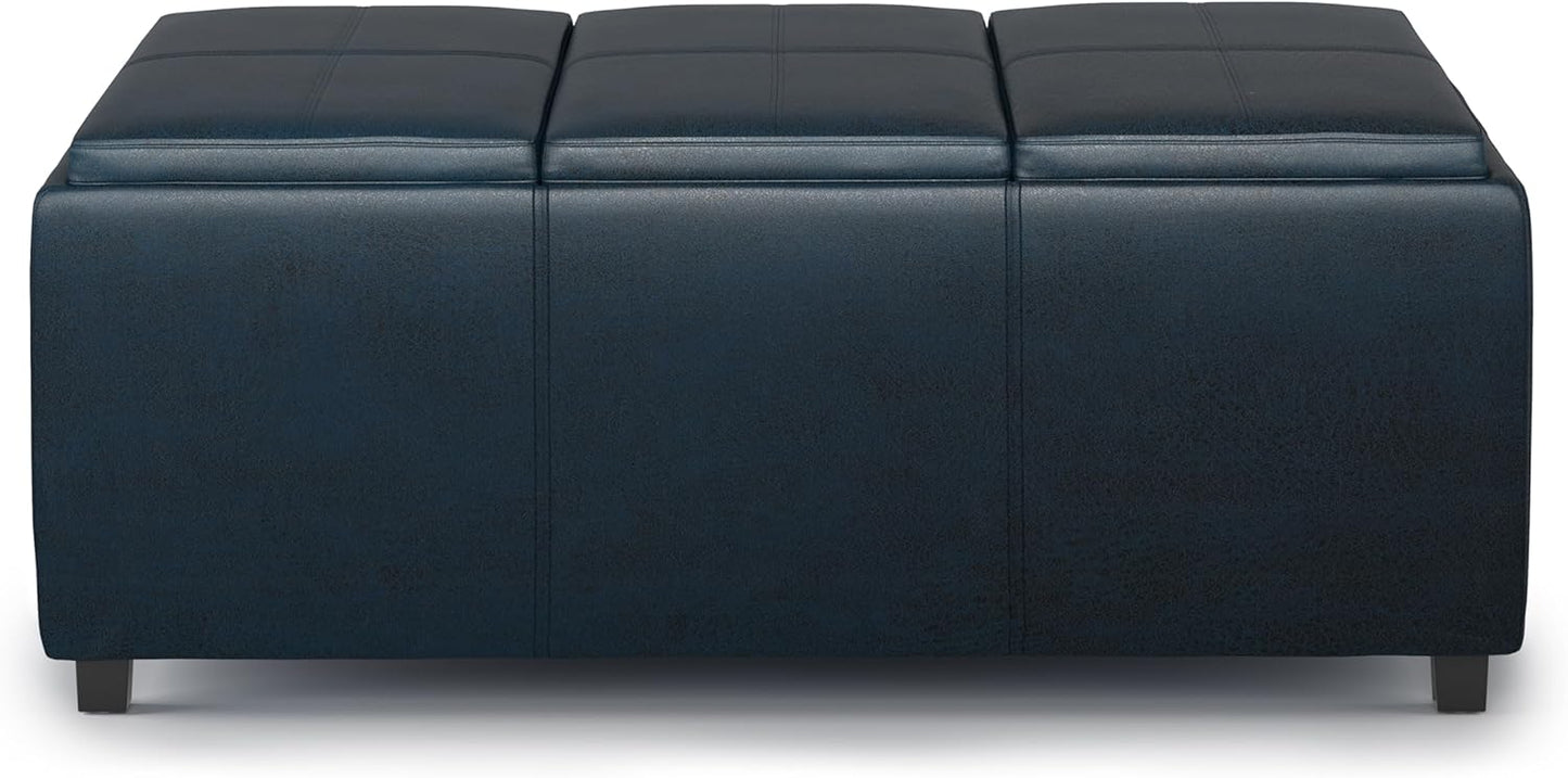 SIMPLIHOME Avalon 42 inch Wide Contemporary Rectangle Storage Ottoman in Distressed Dark Blue Vegan Faux Leather, Assembled, for the Living Room, Entryway and Family Room