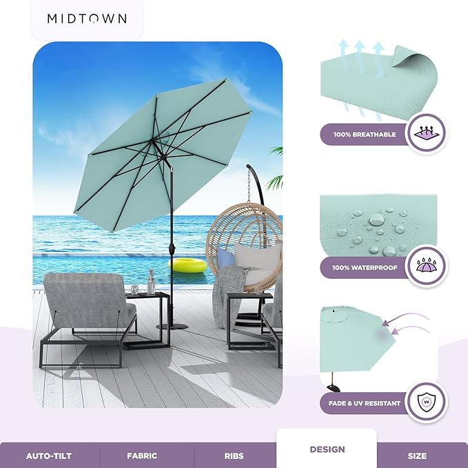Midtown Umbrellas 10-Year-No-Fade - 8 Ft - UV Proof Aqua Polyester Fabric - Umbrella Outdoor Patio, Auto-Tilt Aluminum Frame Patio Umbrella for Garden, Pool & Deck - Black Pole