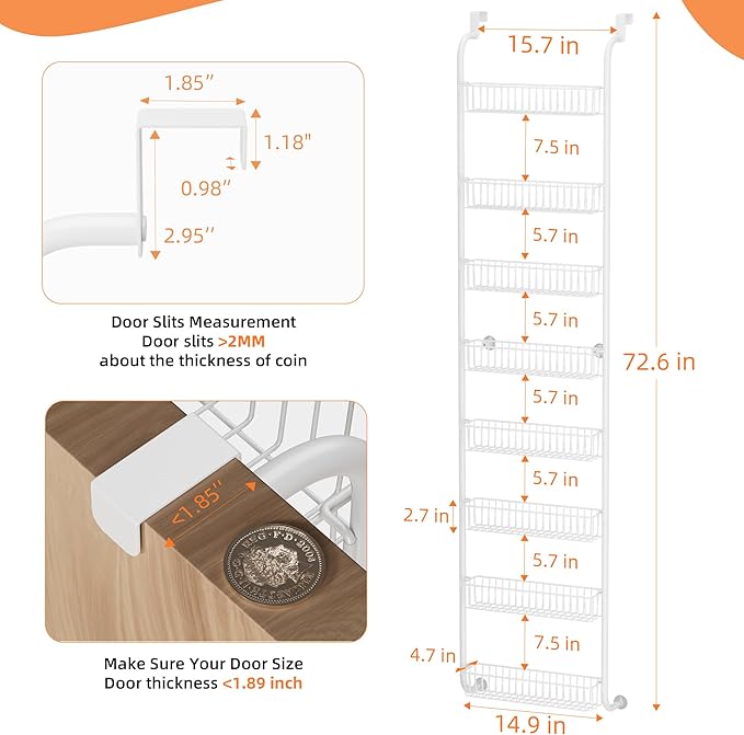TIMEBAL 8 Tier Over the Door Pantry Organizer, and Storage Rack with 8 Full Baskets, Metal Hanging & Wall Mounted Kitchen Storage Spice Rack, Bathroom Over Door Organizer-White