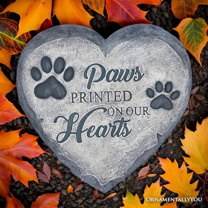 Elegant Resin Stepping Stone, Outdoor Garden Pathway Decoration (Paws Printed on Our Hearts Memorial Stepping Stone for Pet, 9.5" Dog Funeral and Pet Cemetery Decor)