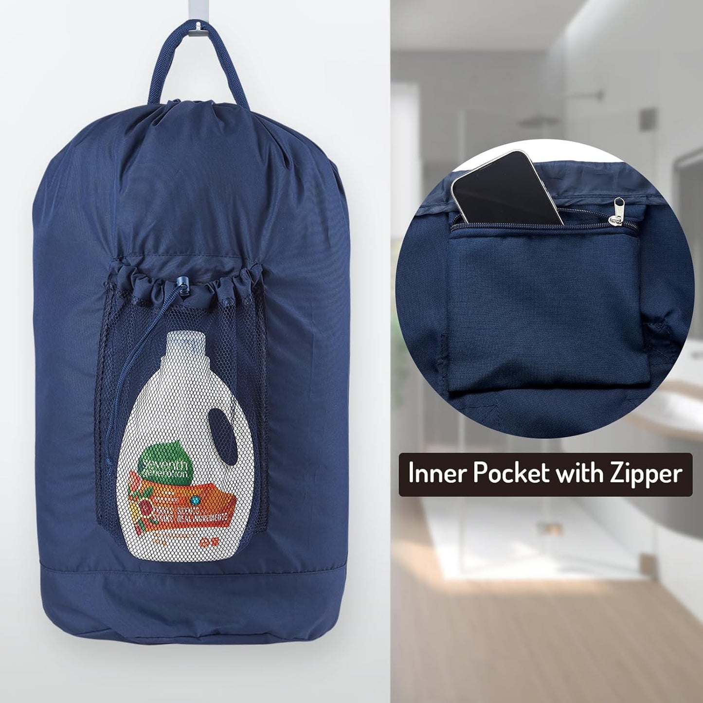 Laundry Bag Backpack with Detergent Holder and Adjustable Shoulder Straps, Clothes Laundry Backpack for College, Travel, Apartment, Laundromat, Dorm Room (Blue)