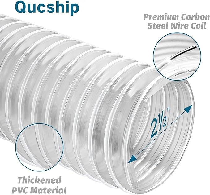 Qucship 2-1/2" x 10' Heavy-Duty PVC Dust Collection Hose, Puncture-Resistant, Flexible Clear PVC Fume Hose with Carbon Steel Wire Coil for Dust Collection Systems