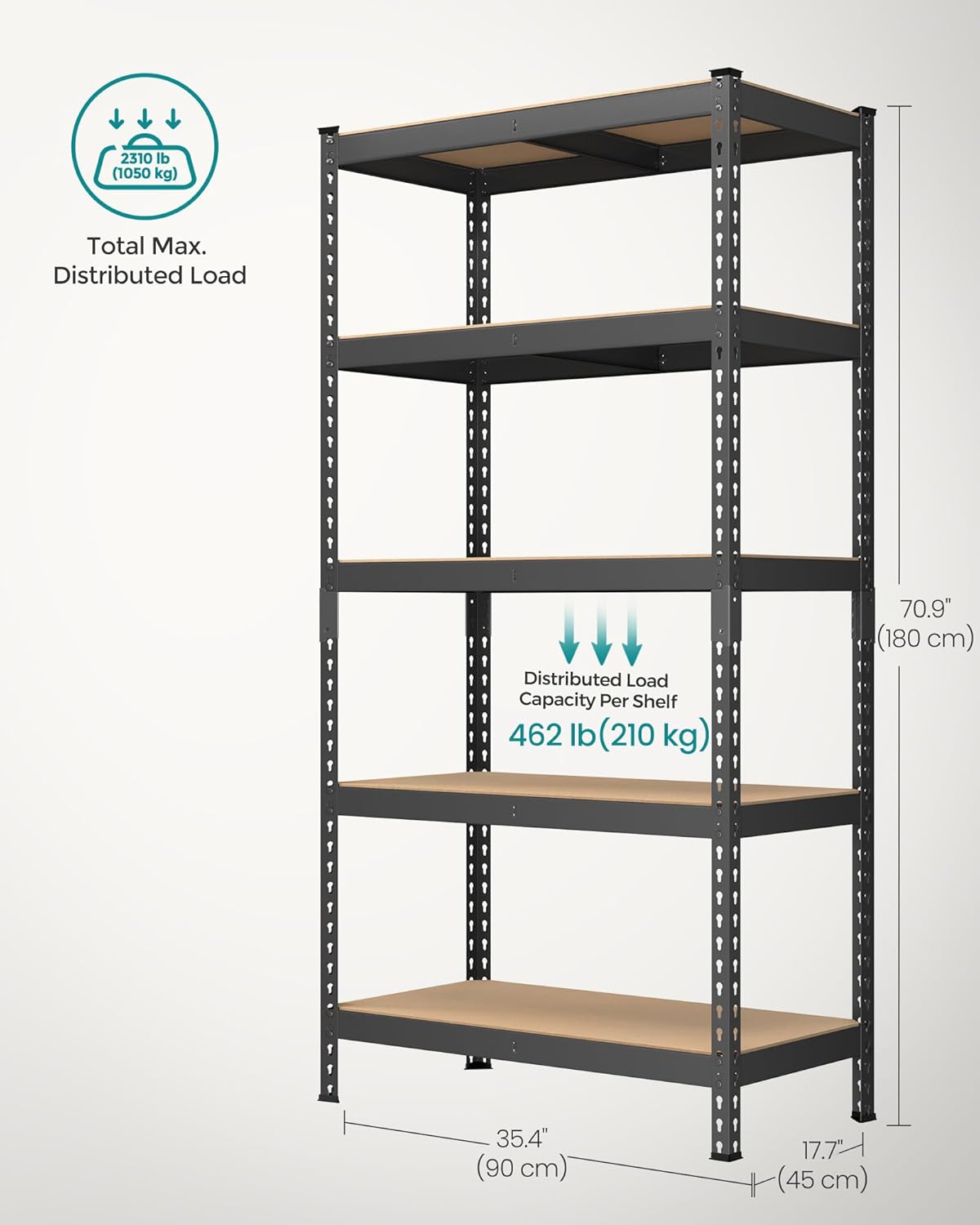 SONGMICS 5-Tier Storage Shelves, Load 2310 lb, Set of 2 Garage Storage, Boltless Assembly, Adjustable Shelving Unit, 17.7 x 35.4 x 70.9 Inches, for Study Shed Basement, Black UGLR450B02