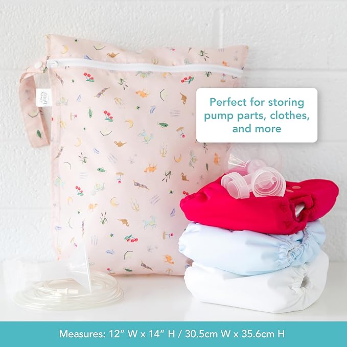 Bumkins Disney Waterproof Wet Bag for Baby, Travel, Swim Suit, Cloth Diapers, Pump Parts, Pool, Beach, Gym Clothes, Toiletry, Hook to Stroller, Daycare, Zip Reusable Wetdry Pack, Princess Magic Pink