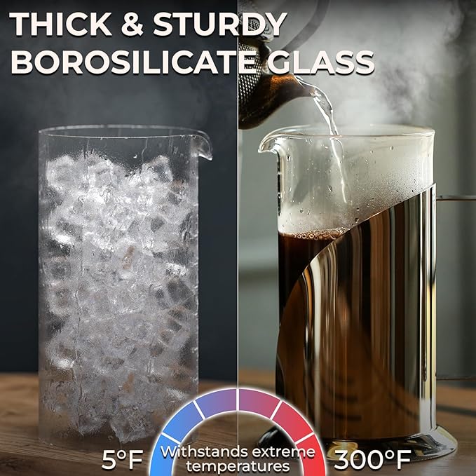 Cafe Du Chateau Stainless Steel French Press Coffee Maker - 34oz Insulated Coffee Press with 4-Level Filtration, BPA Free, Durable Glass, Great for Tea