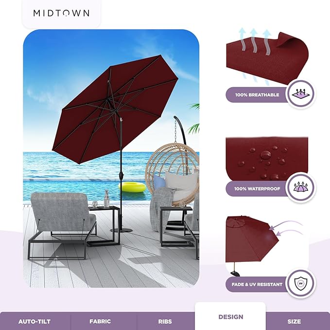 Midtown Umbrellas Sunbrella Umbrella 9 Feet Outdoor Umbrella With Burgundy Acrylic Fabric - Auto-Tilt Aluminum Frame Patio Umbrella For Backyard, Deck, Garden, Pool - Black Pole