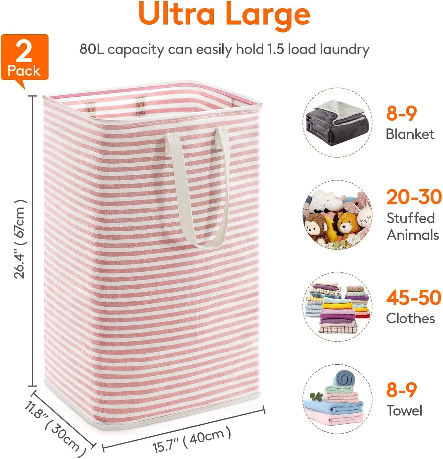 Lifewit 2 Pack Laundry Hamper Large Collapsible Laundry Basket, Freestanding Waterproof Cloth Hamper with Easy Carry Handles in Laundry Room Bedroom Bathroom Dorm for Adult, Gray&Pink, 2 x 80L