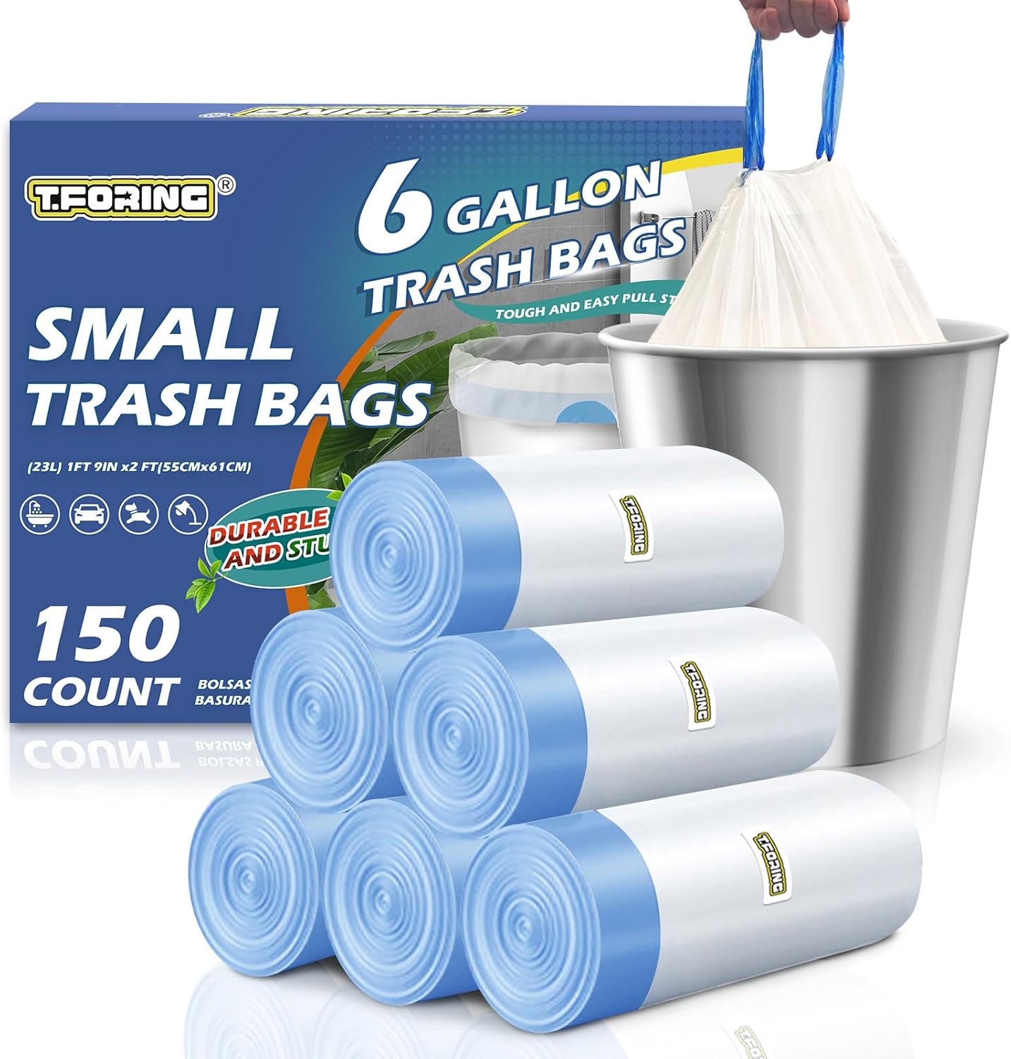 150 Count 6 Gallon Trash Bags Drawstring - 1.1 Mil Heavy Duty Medium Garbage Bags,22.5 Liter Strong Plastic Can Liners Unscented,Thick Waste Basket Bags for Bathroom Office Kitchen