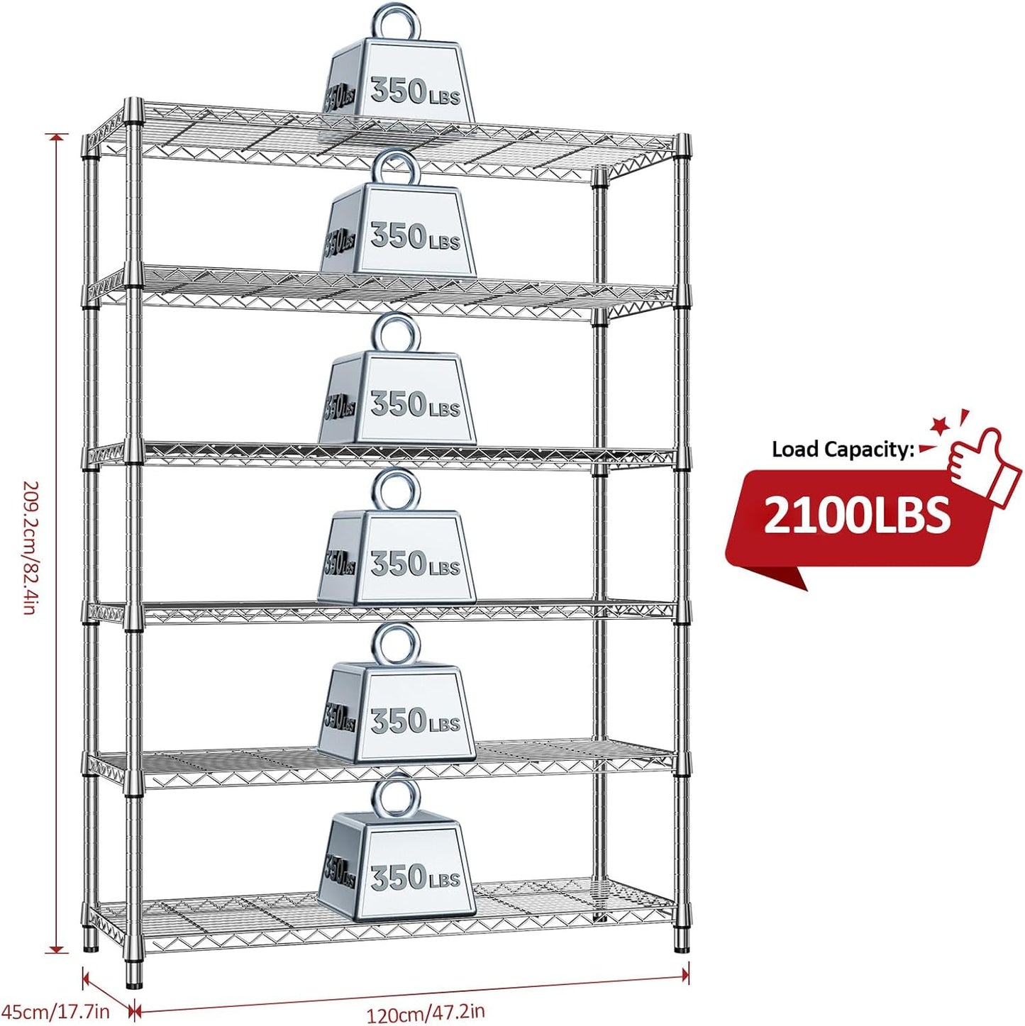 IZEUK 6-Tier Heavy Duty Metal Wire Shelving Unit, Adjustable Storage Rack Organizer for Garage, Kitchen, Office, Pantry, Warehouse (Chrome, 17.7" D x 47.2" W x 82.7" H)