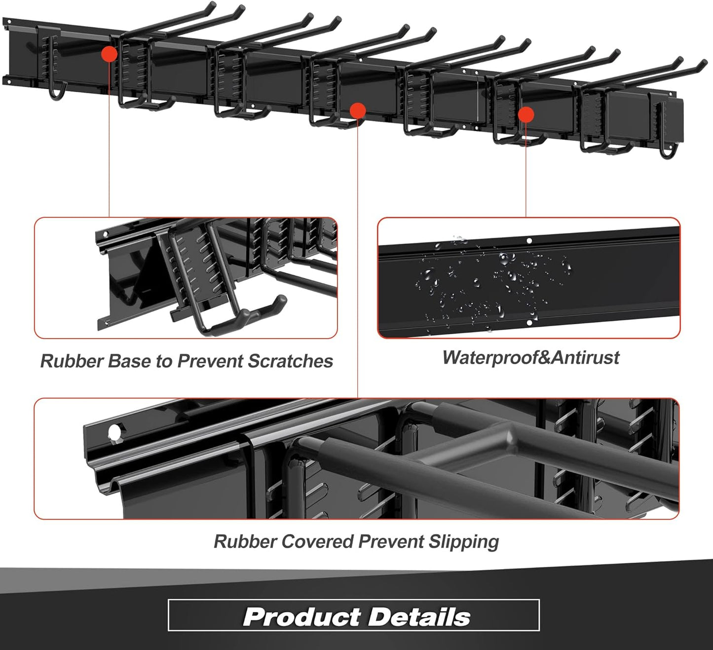 Storaboks Heavy Duty Garage Storage Rack System, Wall Mounted Tool Organizer with 8 Double Hooks, 3 Rails, Garden Yard Tools Hanger for Ski Gears, Broom, Rake, Shovel