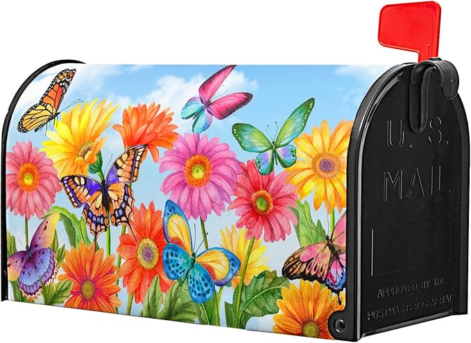 Spring Flower Mailbox Covers Magnetic Standard Size 21x18 Inch Beautiful Fluttering Butterfly Mailbox Covers Colorful Floral Decorative Mailboxes Wraps Post Letter Box Cover for Outside