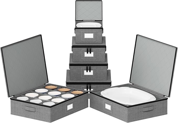 SpaceAid China Storage Containers 6 Pack, Stackable Hard Shell Quilted Cases with Soft Plate Separators, Moving Supplies Packing Boxes for Dishes, Plates, Platters, Mugs, Cups (Grey)