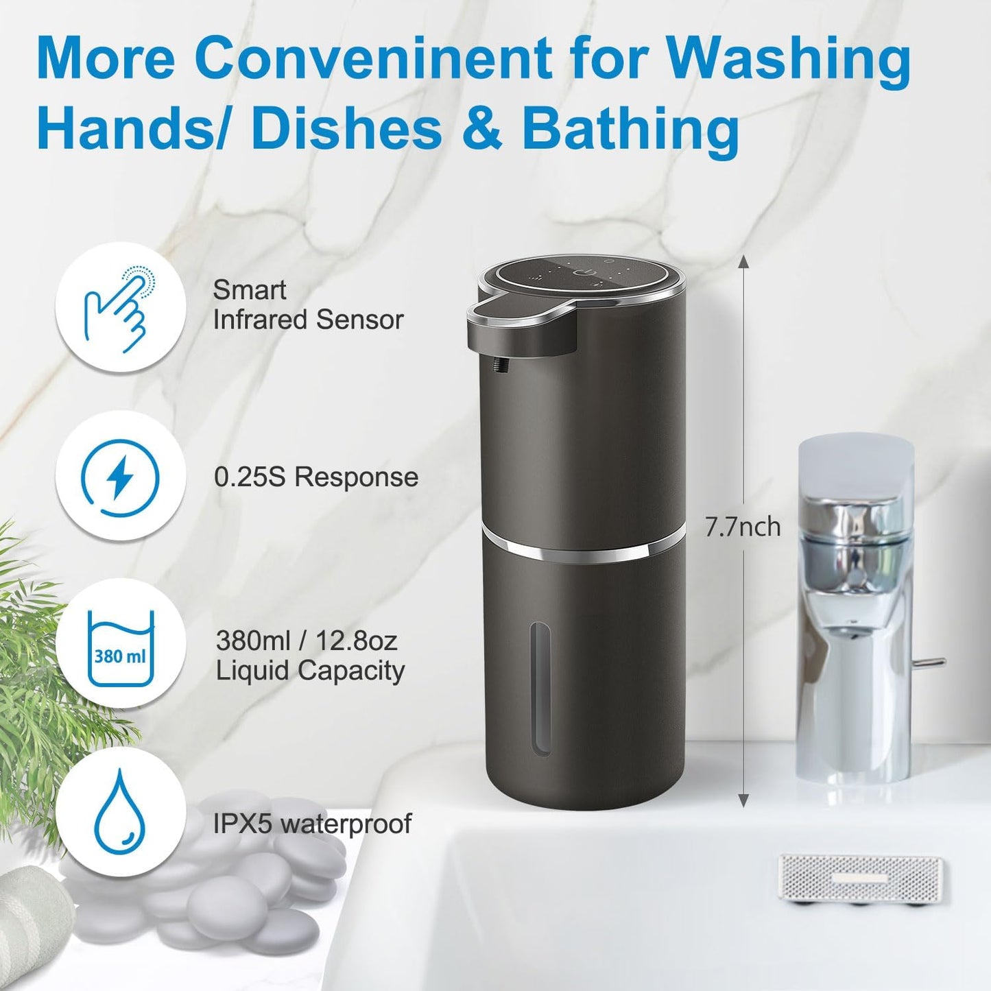 Automatic Foaming Soap Dispenser,4-Level Adjustable Foam, Wall Mount, USB Rechargeable,12.8oz/ 380ml,Touchless Hand & Dish Soap Dispenser for Bathroom, Kitchen,Hotel, Restaurant
