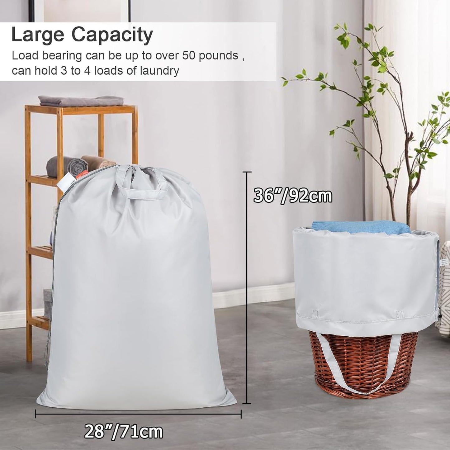 Polecasa Extra Heavy Duty Large Laundry Bag with Sturdy Handles, ID Tag & Drawstring Closure, 28 x 36 inches Durable Storage Bags, Laundry Accessory for Basket, Hamper, College, Dorm, Travel, Silver