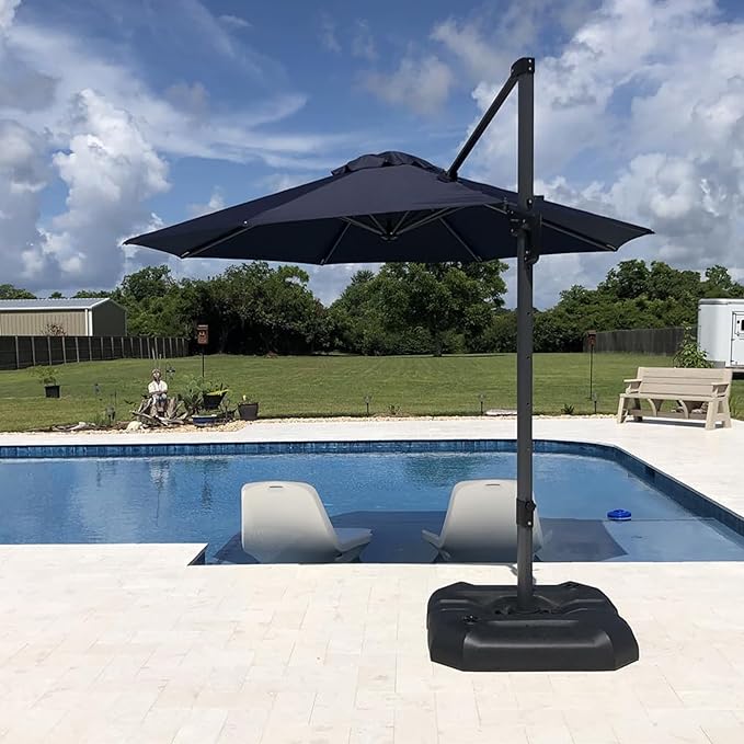 PURPLE LEAF 10 Feet Patio Umbrella With Base Outdoor Cantilever Round Aluminum Offset With 360-Degree Rotation for Deck Garden Pool Navy Blue