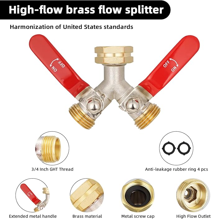 EJW Hose Splitter 2 Way, Heavy Duty Brass Garden Hose Splitter, Garden Hose Y-Valve Splitter, Full Flow Hose Splitter Connector, 3/4 Inch GHT Thread,Garden Hose Adapter 2 Way. longhand
