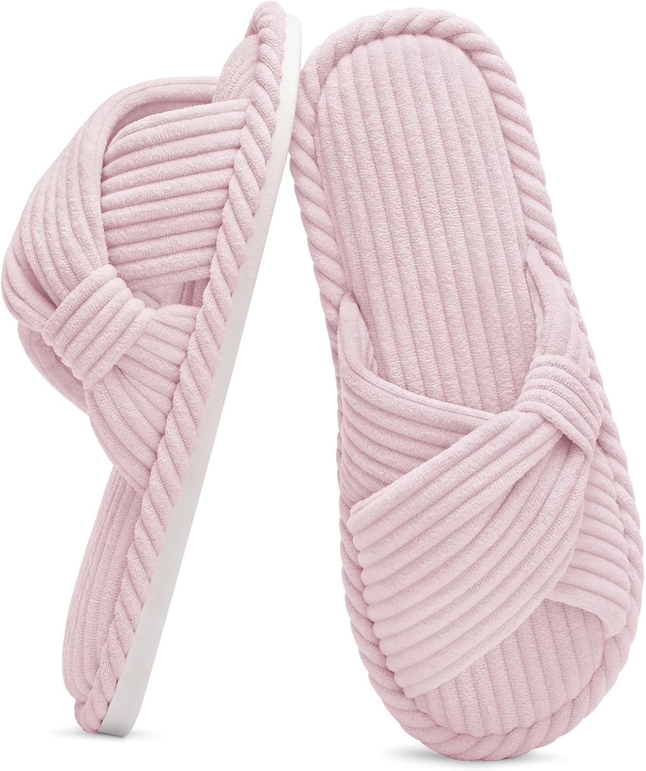 Evshine Summer House Slippers for Women Corduroy Cross Bow Indoor Slippers Open Toe Slip On Bedroom Shoes with Memory Foam