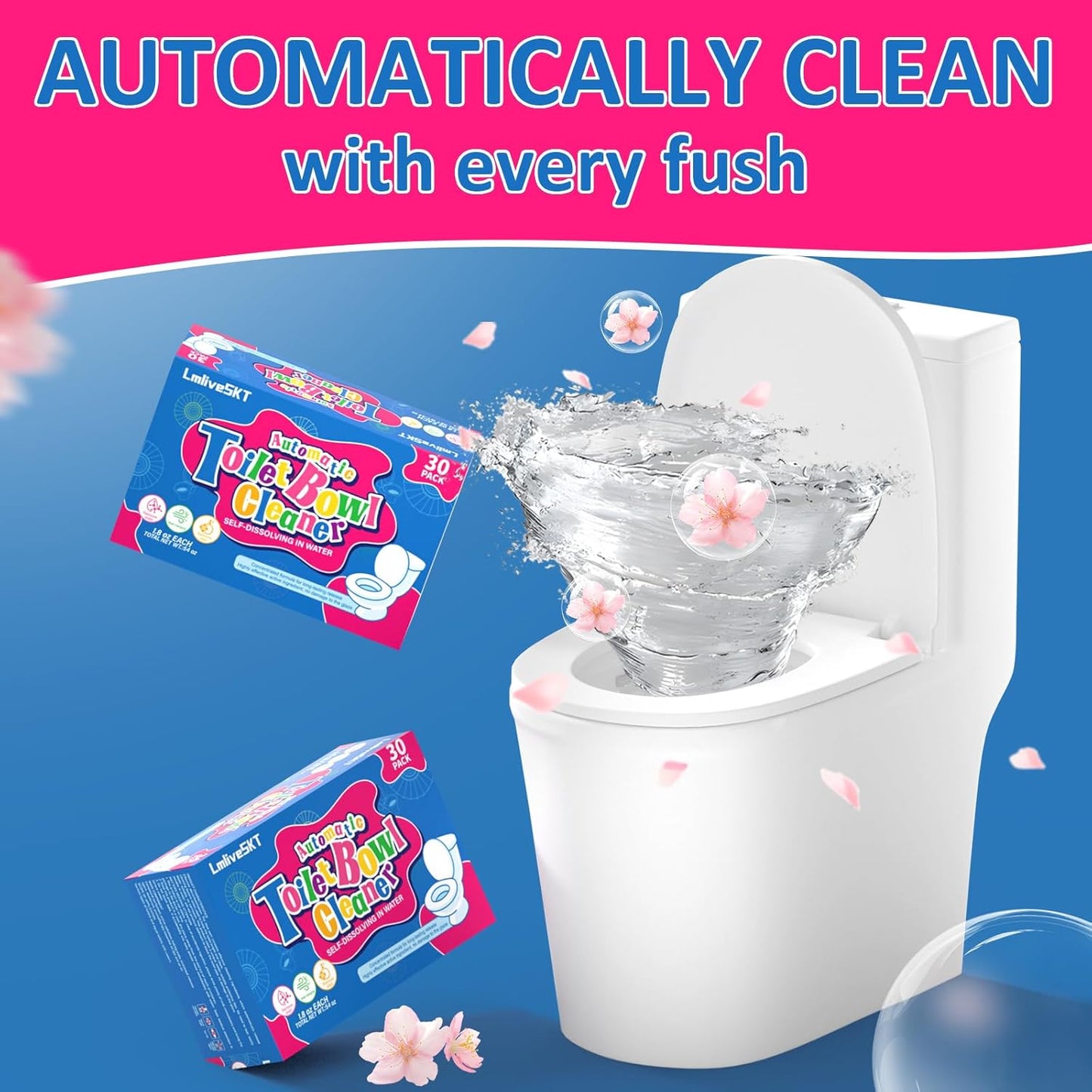 Automatic Toilet Bowl Cleaner Tablets, 30-Pack Long-Lasting Toilet Tank Cleaner for Bathroom, Blue Water Freshener, Prevents Stains & Odor, Safe for All Toilets (30, Blue and Pink)