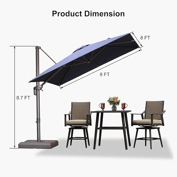 PURPLE LEAF 8 Feet Cantilever Patio Umbrella Square Umbrella with 360° Rotation and Aluminum Offset Hanging Outdoor Umbrella for Pool Garden Backyard Deck, Navy Blue
