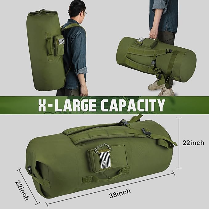 MOZETO Military Duffle Bag, 110L Extra Large Sea Bag with Backpack Straps Heavy Duty Army Duffle Bag for Camp, College Dorm or Laundry Bag