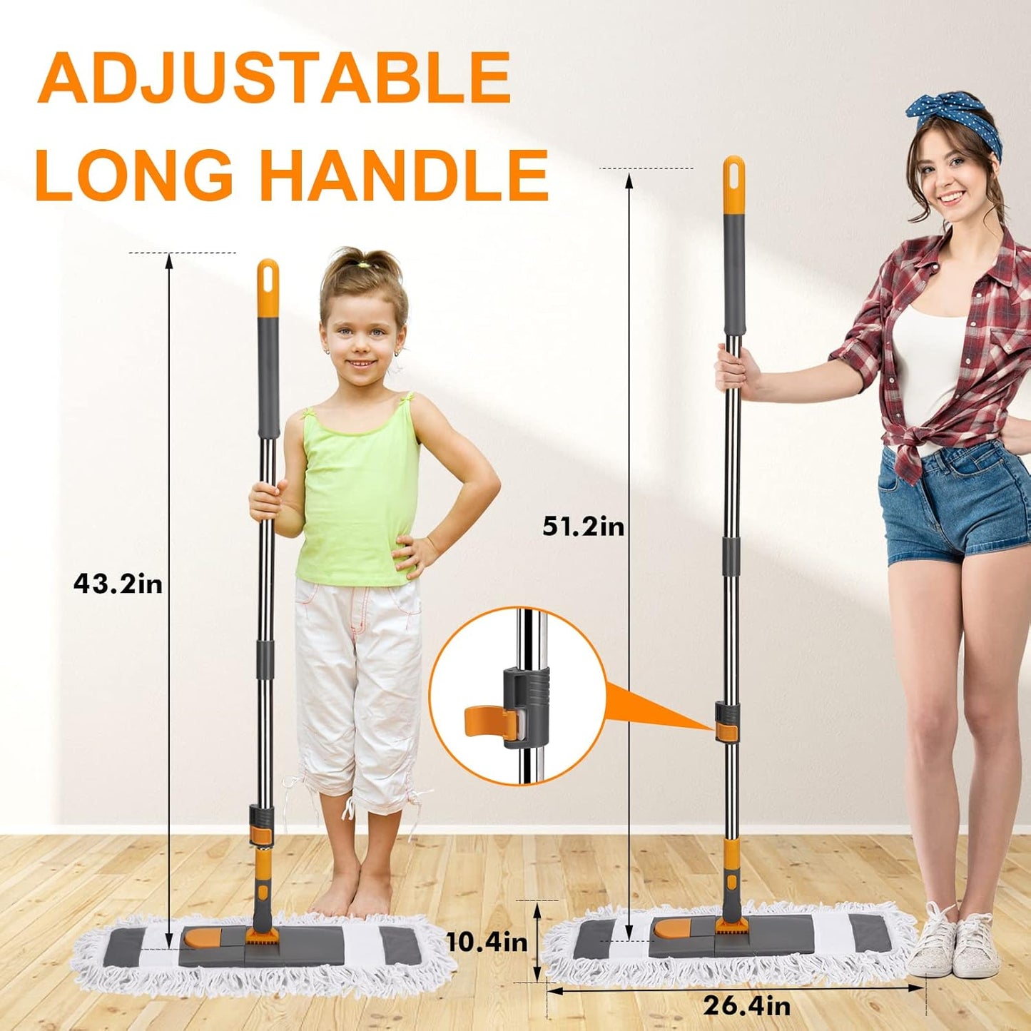 MASTERTOP Dust Mop for Floor Cleaning, Microfiber Floor Mop with 2 Washable Pads, Height Adjustable Long Handle, 24.6'' Dry and Wet Flat Mop for Hardwood, Laminate, Tile, Marble