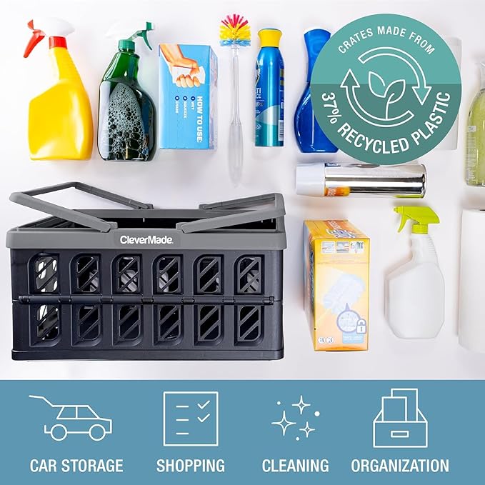 CleverMade Collapsible Shopping Basket, Stone, 3PK - 24L (6 Gal) Reusable Plastic Grocery Shopping Baskets, Holds 25lbs Per Basket - Small Foldable Storage Crates with Handles