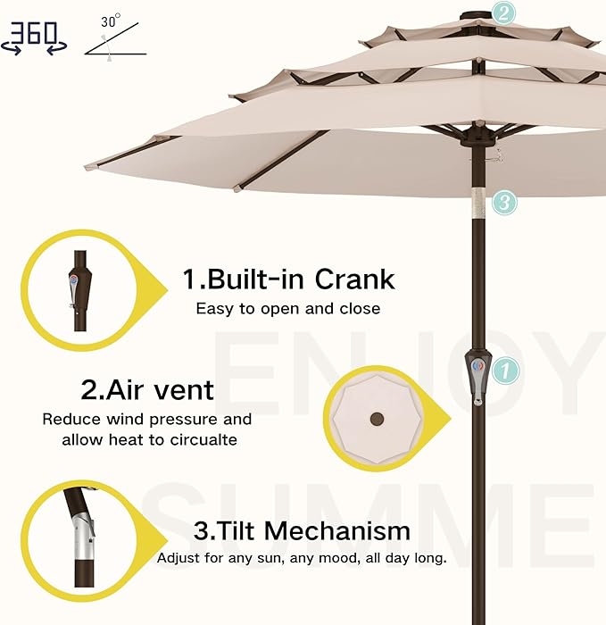 Kingdura 9ft 3-Tier Patio Umbrella, Outdoor Table Umbrella with Easy Crank & Tilt, 8 Reinforced Ribs, UV Protection for Deck, Pool, Market, Backyard (Beige)