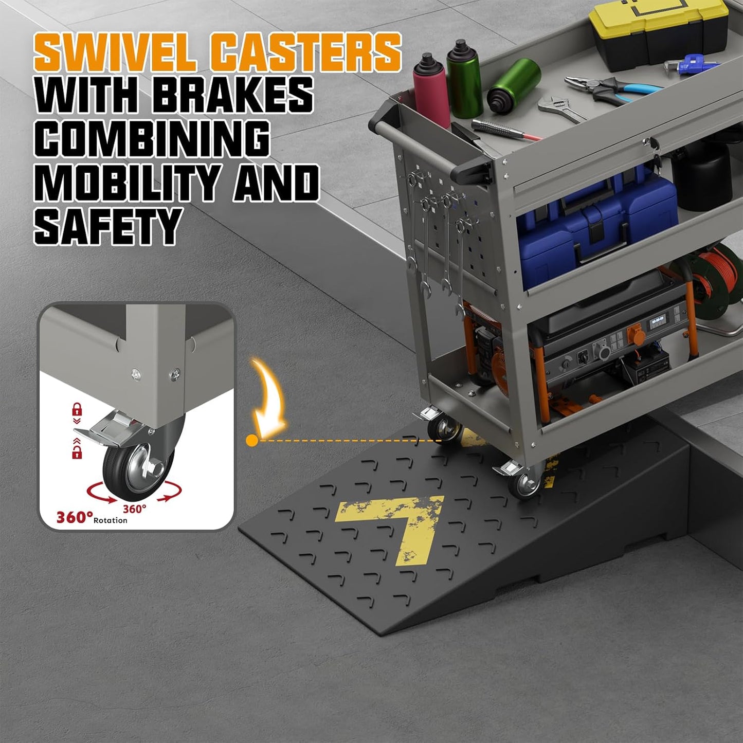 3 Tier Rolling Tool Cart with Drawers, 450 LBS Capacity Tool Cart on Wheels, Heavy Duty Rolling Utility Cart with Drawers, Rolling Utility Carts for Garage, Warehouse and Repair Shop,Gray