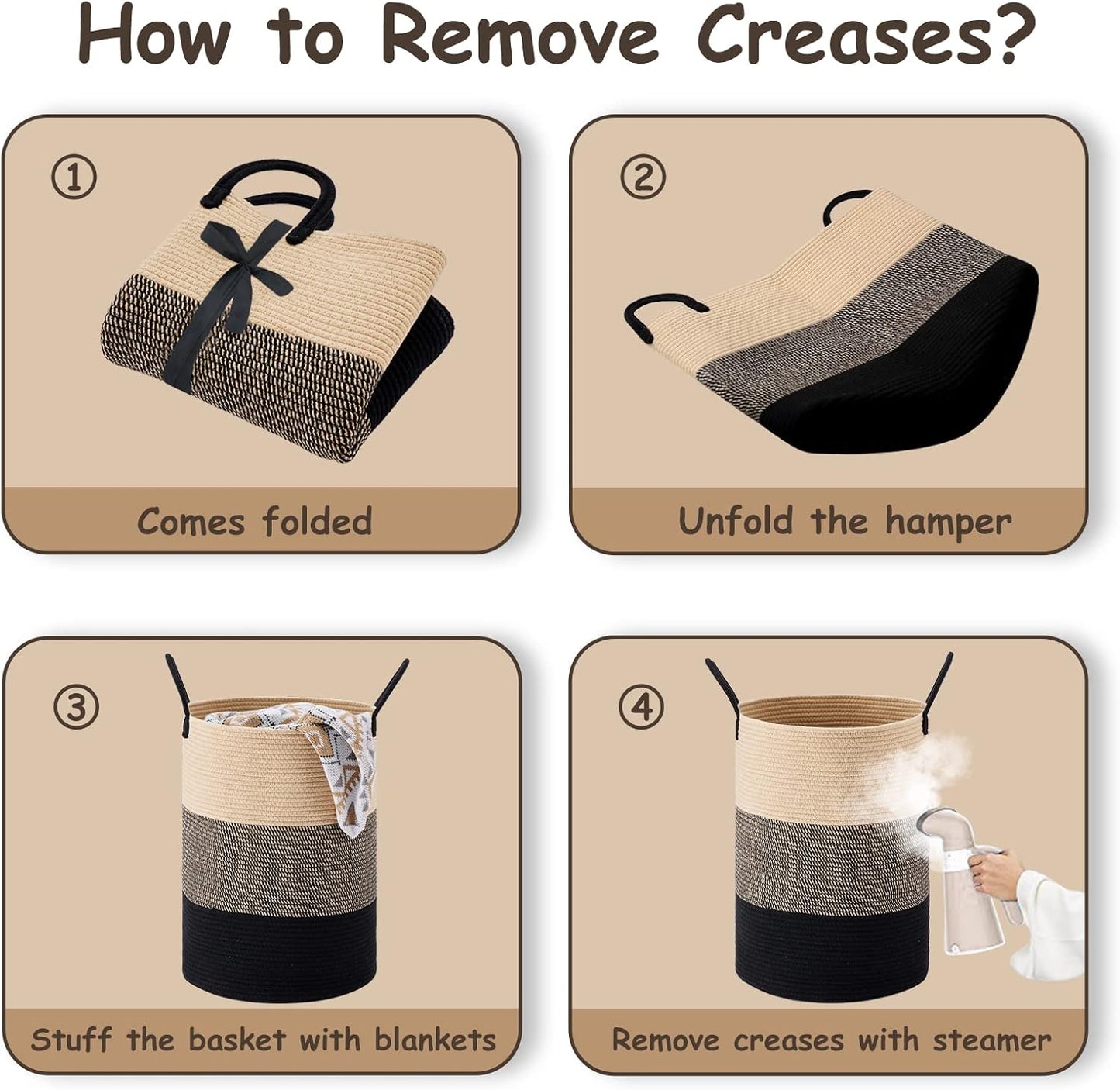 VIPOSCO Large Laundry Hamper, Tall Woven Rope Storage Basket for Blanket, Toys, Dirty Clothes in Living Room, Bathroom, Bedroom - 100L Brown & Black