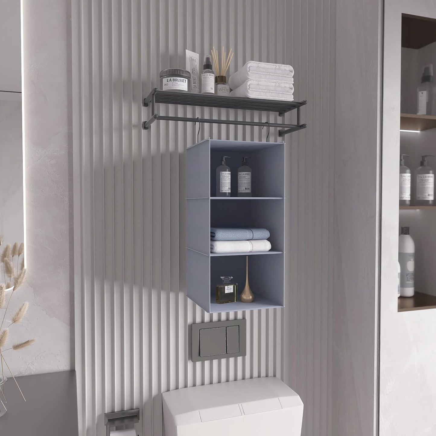 Hanging Closet Organizer and Storage 3-Shelf, Easy Mount Foldable Hanging Closet Wardrobe Storage Shelves, Clothes Handbag Shoes Accessories Storage, Washable Oxford Cloth Fabric, Gray