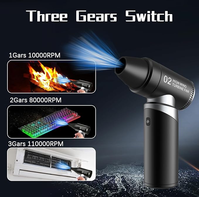 Compressed Air Duster 110000RPM, Powerful 3-Speed Cordless Electric Air Blower with Blow & Exhaust Mode for Car Drying, Deep Keyboard & PC Cleaning, Air Conditioner, Camping, Inflatables & BBQ