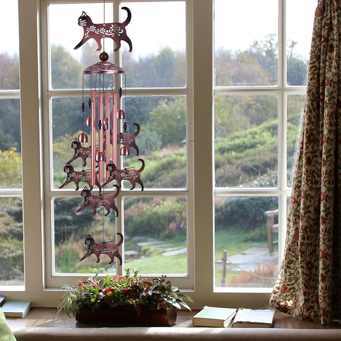 Outdoor Cat Wind Chimes Gifts for Mom - with 4 Tubes 6 Bells 7 Cats Wind Bell, Romantic Wind Catcher, Mobile Cat Decor, Cats Bell, Cats Windchimes for Home, Balcony, Tree, Festival, Garden Decoration
