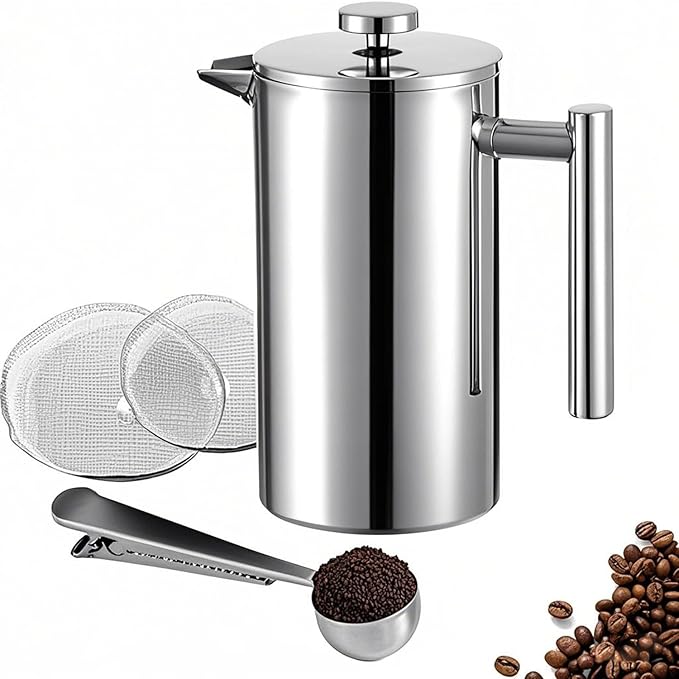 Small French Press 350ml, Double-Wall Insulated French Press Coffee Press Stainless Steel for travel camping, Single Cup Pour Over Coffee Maker (1 cup, 12 OZ)