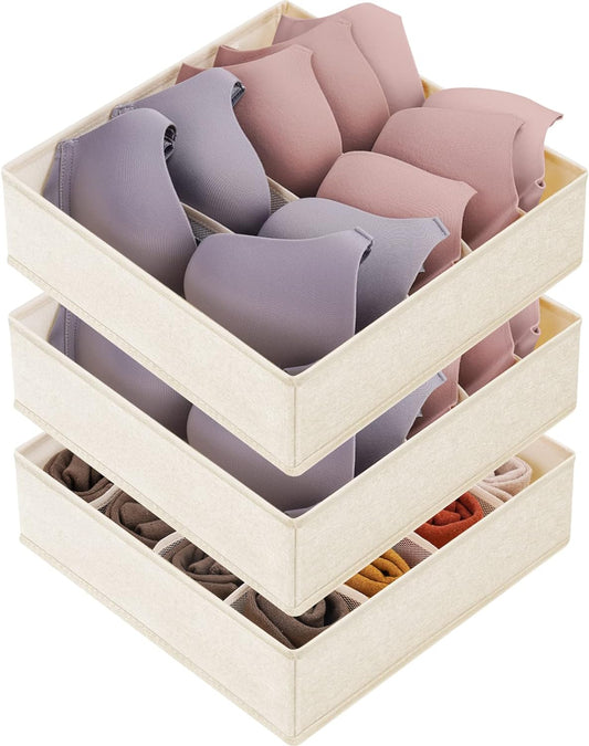3 Pack Bra Underwear Drawer Organizer Dividers, 26 Cell Fabric Foldable Dresser Closet Organizers and Storage Boxes for Baby Clothes, Bra, Socks, Underwear, Ties (5+5+16 Slots, Beige)