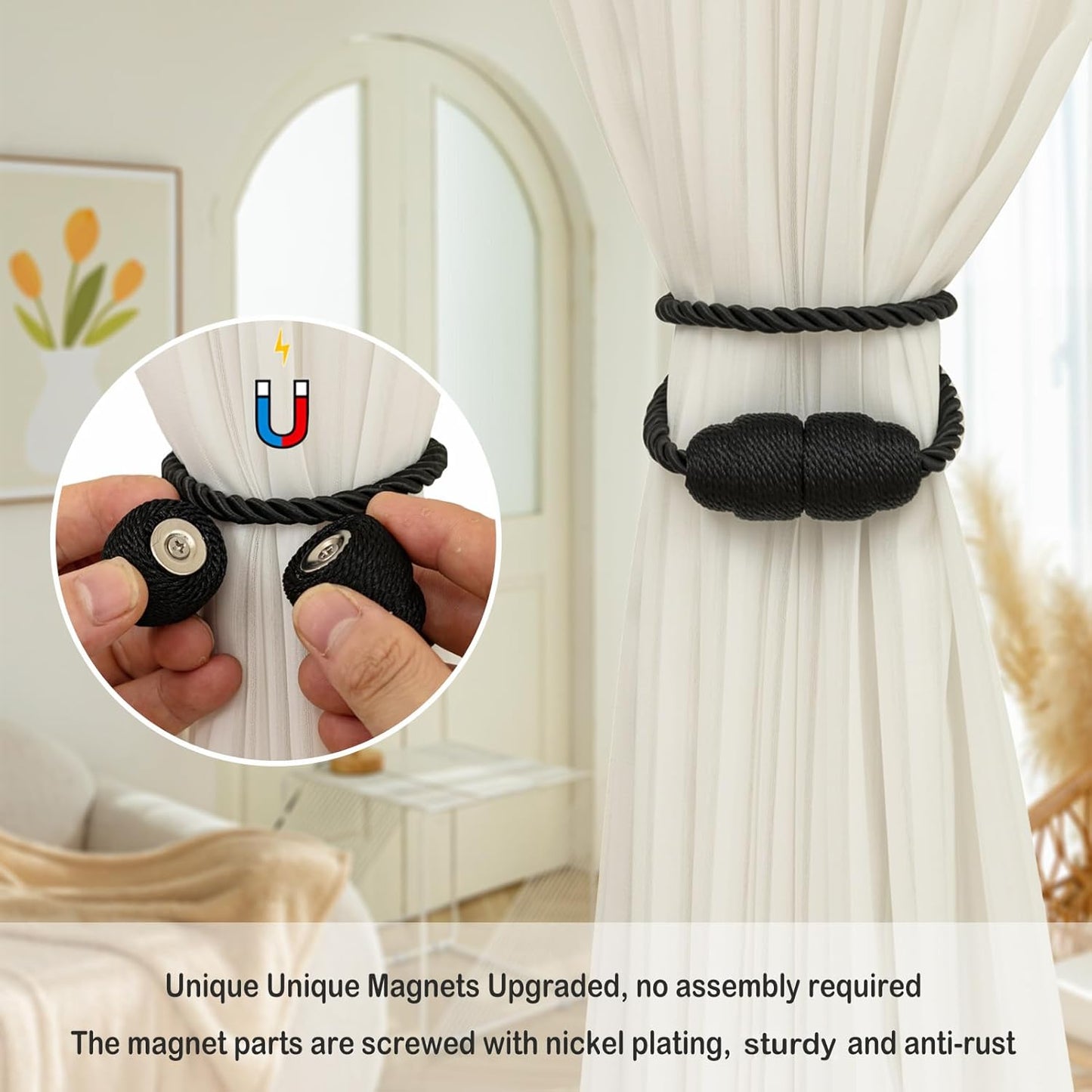 Magnetic Curtain Tiebacks - 2 Pack Rope Curtain Tiebacks for Drapes and Decorative Window Holdbacks, Black