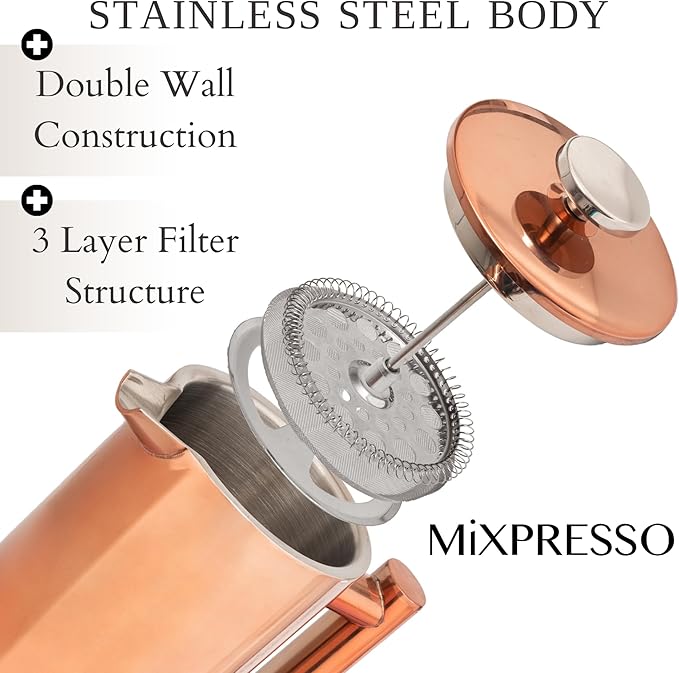 Mixpresso Stainless Steel French Press Coffee Maker 26 Oz 770 ml, Double Wall Insulated French Press Stainless Steel, Easy Clean Tea Brewer, Easy Press Durable Metal Coffee Press