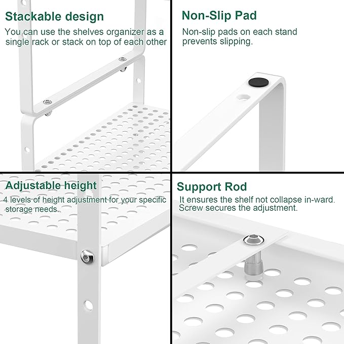 Redrubbit Expandable Cabinet Storage Shelf, Adjustable Height Steel Metal Kitchen Counter Organizers Shelves Spice Rack for Kitchen Pantry Bathroom Cupboard Desk Home Office, White-3 Pack