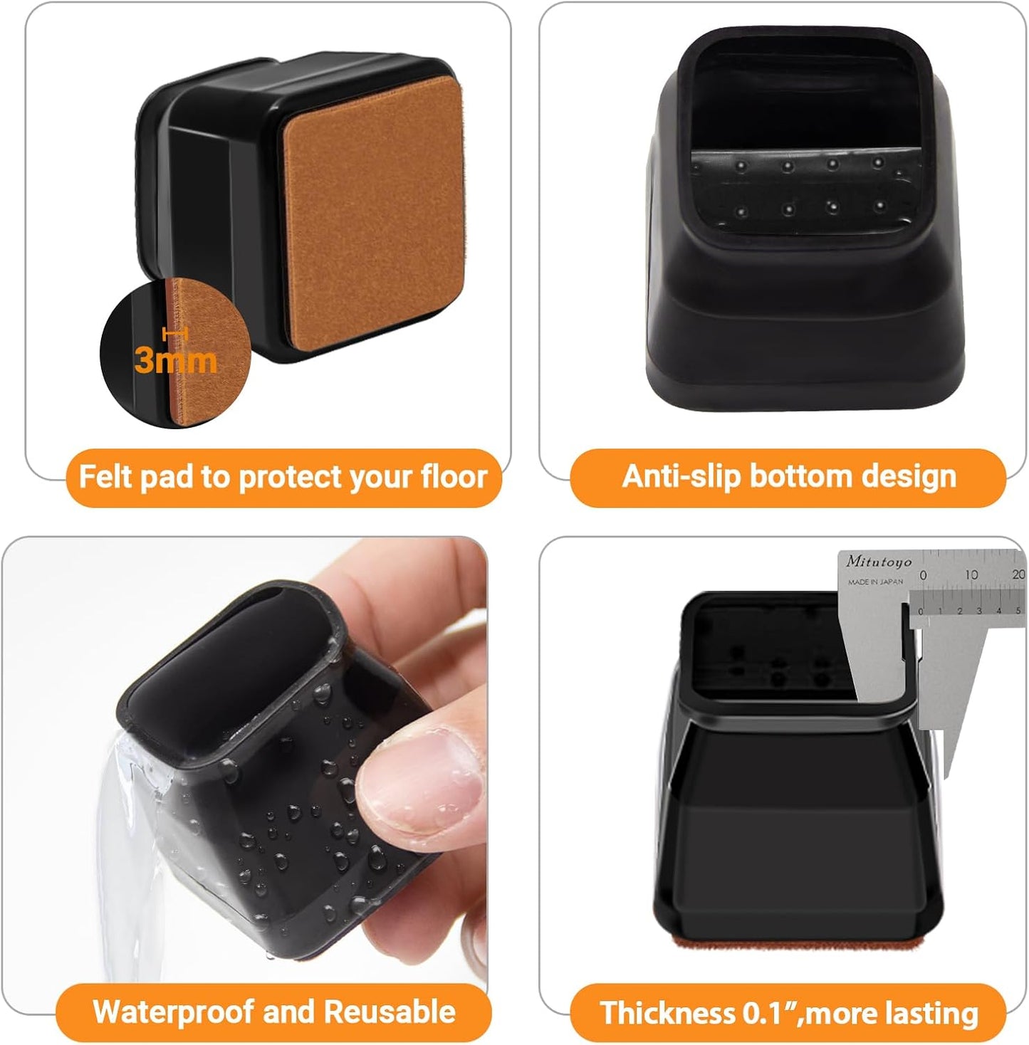 32Pcs Black Square Chair Leg Floor Protectors, Felt Furniture Pads for Hardwood Floors, Chair Leg Protectors for Hardwood Floors, Floor Protectors for Chairs, Reduce Noise - Small Size