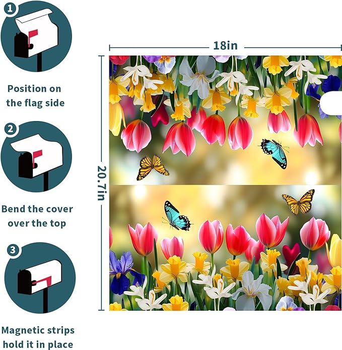 Spring Flowers Mailbox Covers Magnetic Large Size 25.5''x21'' Floral Butterfly Letter Box Wrap Spring Summer Seasonal Waterproof Post Letter Box Wrap Decor for Home Outdoor Garden Yard