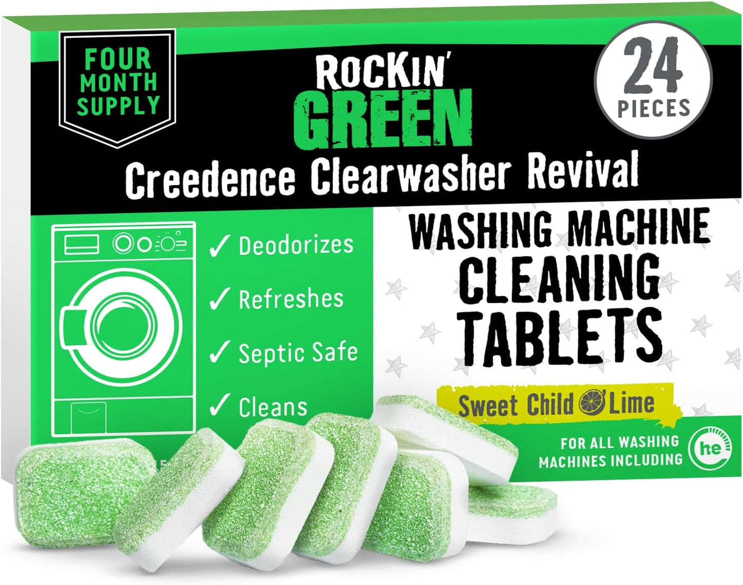 Rockin' Green Deep Cleaning and Deodorizing Tablets for Dishwashers, Washing Machines, and Garbage Disposals, Removes Odor and Residue (Washing Machine Cleaning Tablets, 24 Pack)