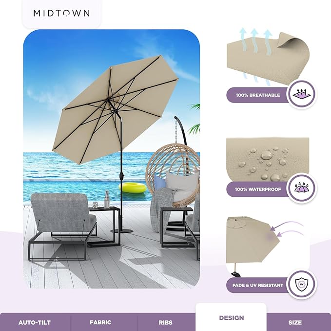 Midtown Umbrellas 10-Year-No-Fade - 8 Ft - UV Proof Beige Polyester Fabric - Umbrella Outdoor Patio, Auto-Tilt Aluminum Frame Patio Umbrella for Garden, Pool & Deck - Black Pole